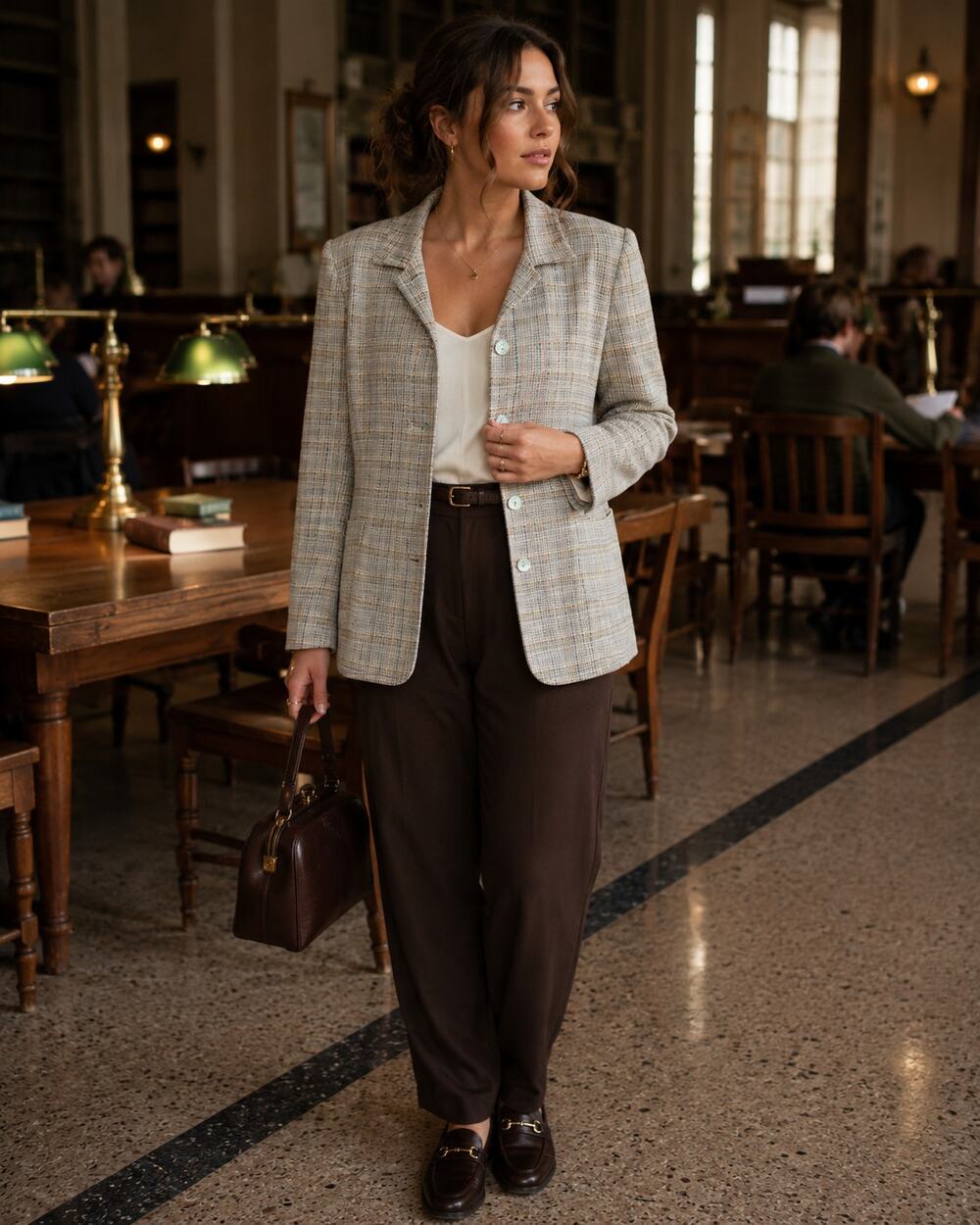 Vintage Neutral Silk Plaid Blazer Medium Abalone Buttons Academia Quiet Luxury
